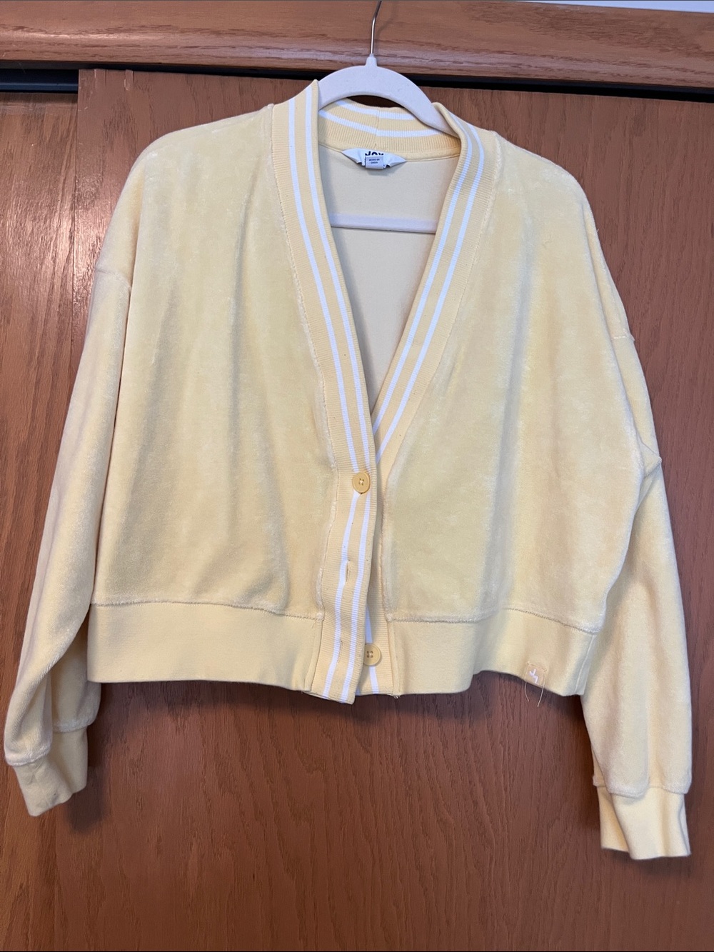 JoyLab Pale Yellow Velour Cropped Cardigan with White-Trim